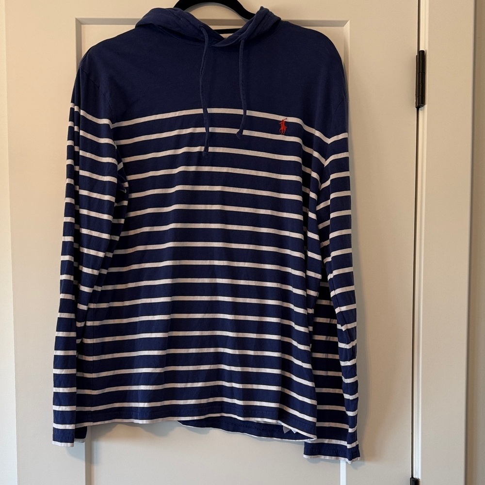 Polo by Ralph Lauren Men's Blue and White Striped Hoodie